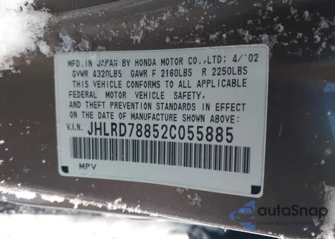 2002 Honda Cr-V Ex из США, поврежденный, VIN JHLRD78852C055885